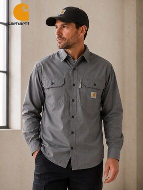 Carhartt Rugged Flex Work Shirt Gray Ripstop Button Front Men’s Large LS Regular